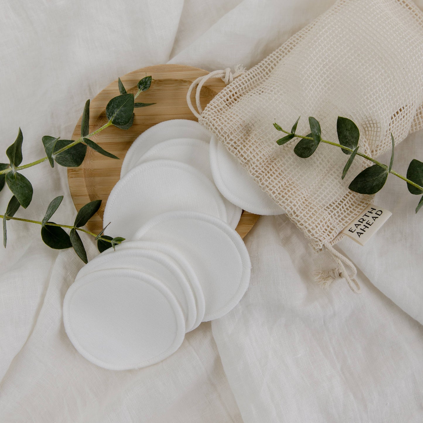 Reusable Cotton Makeup Remover Pads/Rounds + Wash Bag (Earth Ahead)